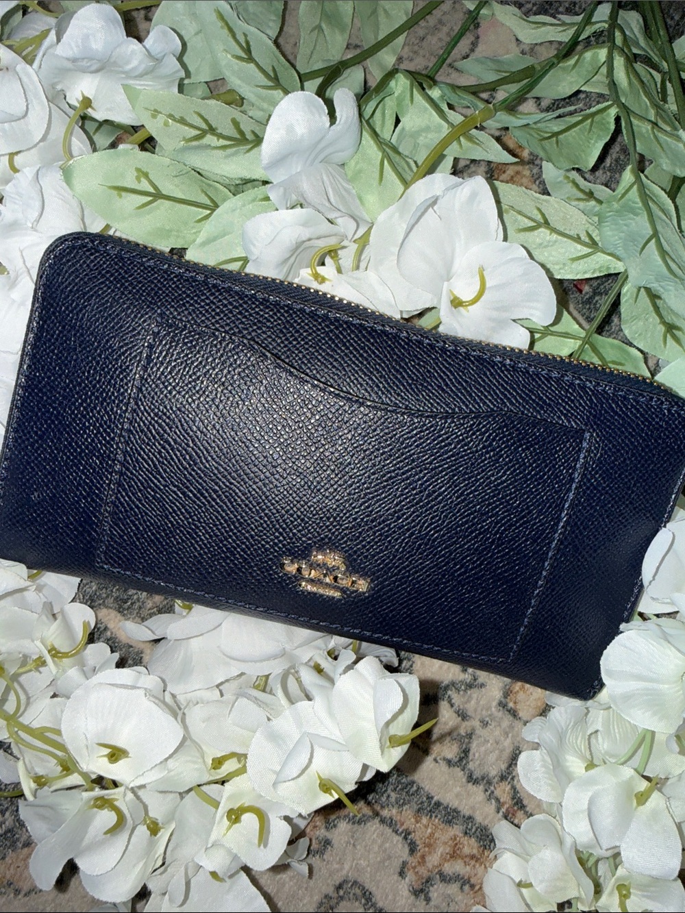 Coach Navy Saffiano Zip Around Wallet with Exterior Card Slot